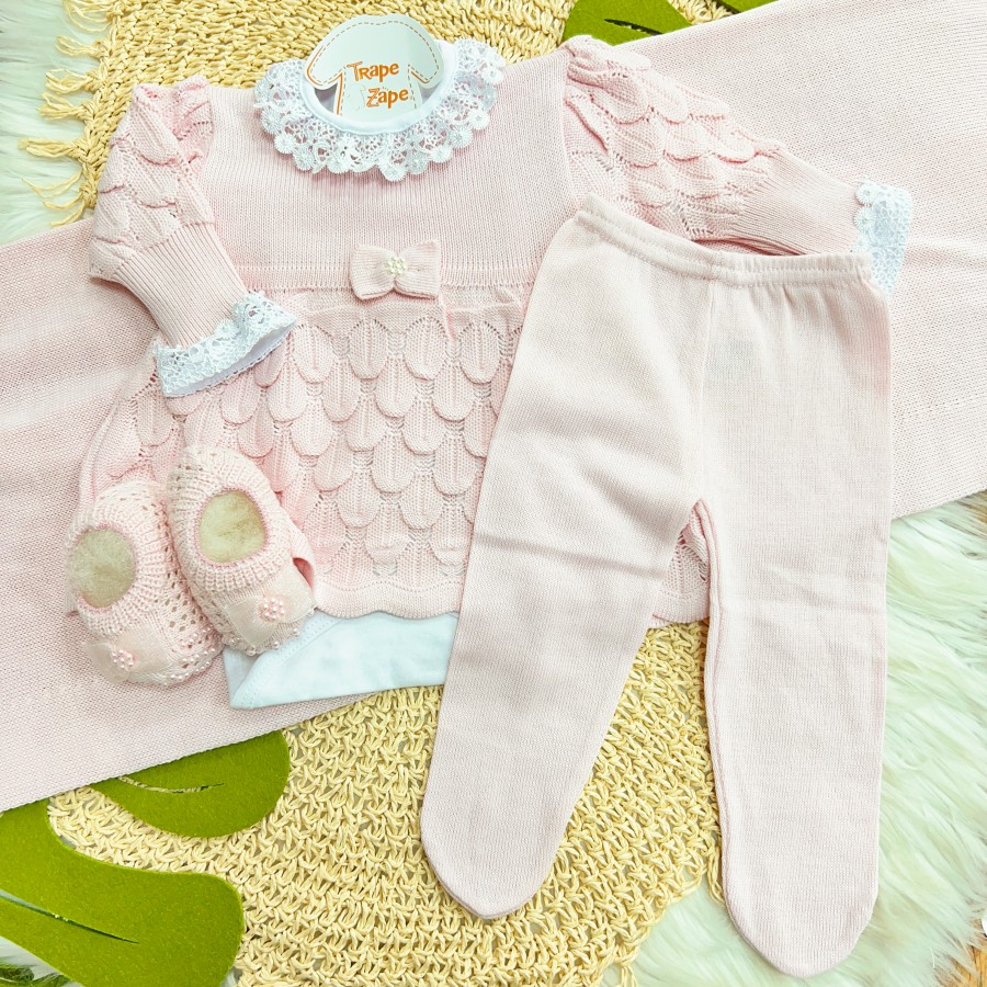  Saída de maternidade Bela- Rosa com Sapatilha Laço Cetim